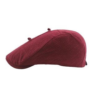 Retro wine red cotton linen beret with decorative knots and vintage textured finish