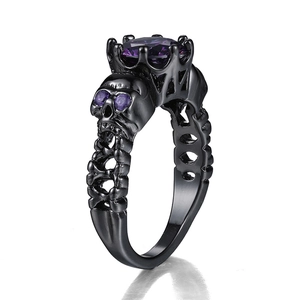 Vintage black skull ring for women with gothic purple zircon and punk aesthetic design