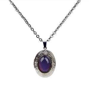 Vintage oval locket necklace with purple gemstone and engraved stainless steel chain