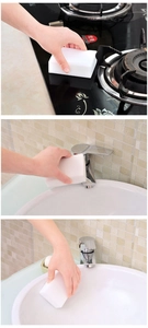 Three-way view of white nano sponge cleaning kitchen stoves and bathroom faucets