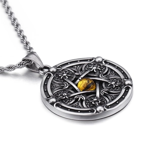 Men's titanium steel holy angel pendant with celtic knot and yellow gemstone necklace