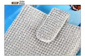 Side view detail of silver rhinestone evening bag with sparkling crystal embellishments