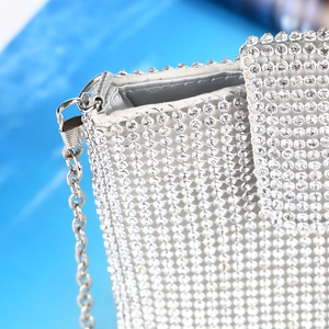 Elegant silver rhinestone evening crossbody bag with metal chain strap for women