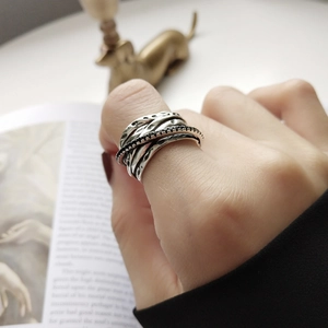 Retro multi-layer 925 sterling silver ring with overlapping lines for women thumb