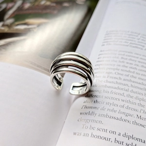 Retro multi-layered 925 sterling silver open ring with vintage parallel line design