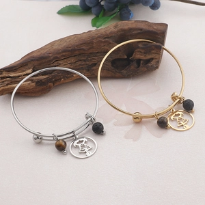 Adjustable stainless steel bangles with girl pendant and gemstone beads in gold and silver