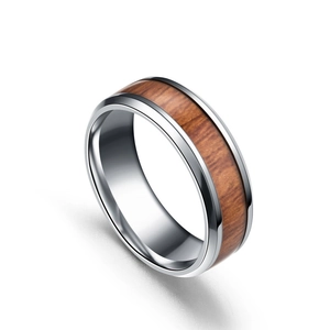 Retro men's stainless steel ring featuring a polished silver finish and natural wood inlay