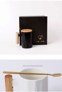 Detail view of geometric ceramic mug with wooden handle and lid in premium gift box