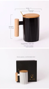 Detail of 330ml geometric ceramic mug with wooden handle, lid and gold spoon in gift box