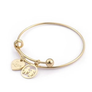 Gold titanium steel bracelet with heart love engraving and figure charms on white background