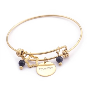 Adjustable Charm Bangle Stainless Steel Hollow Flower Bead Heart I Love You Mom Pendant Mother's Day Gift For Women