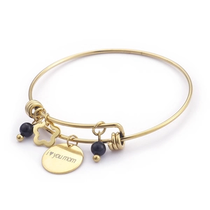 Adjustable gold charm bracelet with engraved I love you mom heart pendant and black beads