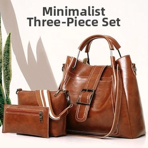 Three-piece brown leather handbag set including a large tote, crossbody, and small pouch