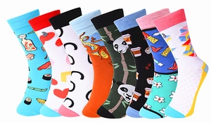 Detail view of 8 pairs of novelty cotton crew socks featuring diverse colorful patterns