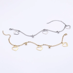 Titanium steel heart anklets in gold and silver finish with hollow heart charms