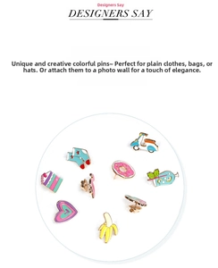 Set of colorful enamel pins featuring banana, donut, heart and scooter cartoon designs