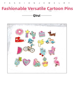 Close-up of 18 colorful enamel cartoon pins set featuring rainbow cactus and flamingo