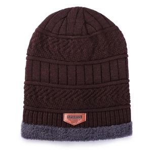Knit winter beanie for men and women with warm fleece lining and brown leather patch