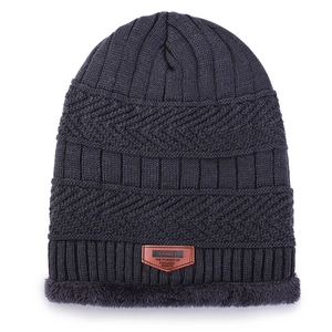 Grey knit beanie with warm fleece lining and leather patch for winter riding