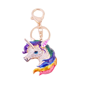 Cute unicorn keychain with colorful enamel mane and sparkling rhinestones for bags
