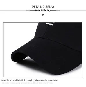 Detail of a black cotton baseball cap showing a sturdy curved brim with multi-row stitching