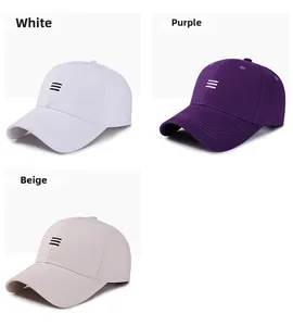 Detailed view of three baseball caps in white, purple and beige with stripe embroidery