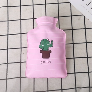 Close-up of pink mini PVC hot water bottle featuring a cute cartoon cactus design