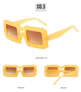 Detail view of bold yellow square sunglasses with gradient brown lenses from multiple angles