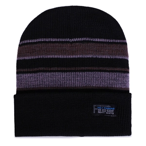 Winter knitted beanie in black with brown stripes and decorative label for cold weather