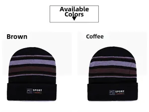 Detail view of striped knit beanies in brown and coffee with warm fleece lining and sport logo