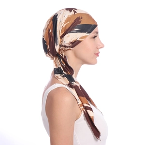 Floral print head wrap turban hat with long ties for women in brown and beige