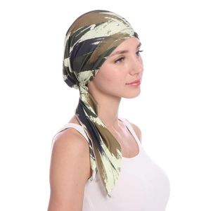 Detail view of camouflage headwrap with soft fabric texture and adjustable tie closure
