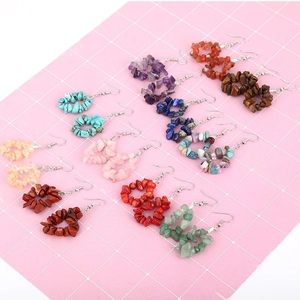 Detail of heart-shaped natural stone earrings featuring amethyst and turquoise beads