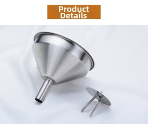 Detail of 304 stainless steel kitchen funnel with removable fine mesh strainer tool