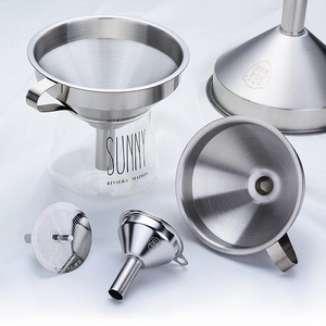 Detail view of 304 stainless steel kitchen funnels set with filter strainer and long handles