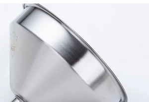 Detail shot of food-grade 304 stainless steel funnel with brushed metal texture