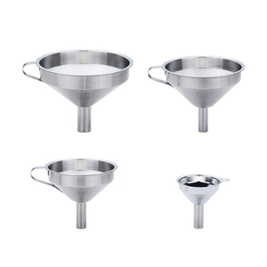 Set of four 304 stainless steel kitchen funnels with handles in multiple sizes