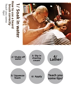 Guide showing six steps for using a boar bristle beard brush in a barber shop