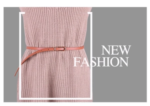 Detail of slim orange-brown PU leather waist belt with gold pin buckle on knitwear