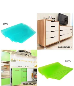 Detail of EVA drawer liners with anti-slip texture in blue and green for cabinets