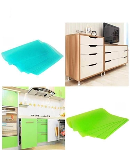 Detail of EVA drawer liners with anti-slip texture in blue and green for cabinets