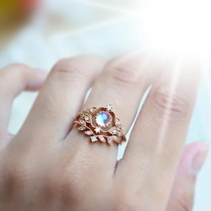 Vintage Boho Mondstein Stapelringe Kupfer Roségold Vergoldet Zirkon Krone Blatt Floral Schmuck Für Damen
