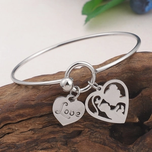 Silver titanium steel heart bracelet with Love charm and mother-child silhouette pendant