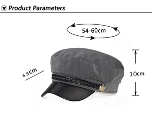 Size parameters of grey military hat showing head circumference 54-60cm and visor length