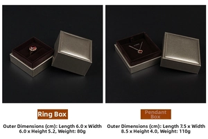 Detail showing dimensions and weights of various jewelry box sizes and types