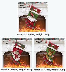 Detailed view of Christmas stockings with Santa, Snowman and Reindeer designs on a fireplace