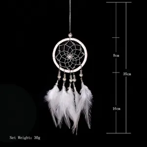 White feather dream catcher wall hanging with pearls, 35cm length for home or car decor
