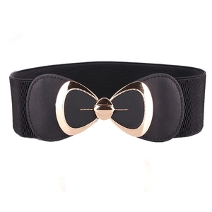 Fashionable black elastic waist belt for women featuring a stylish gold bow metal buckle