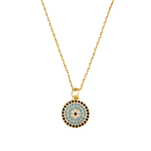 Macrodetail van de gouden Evil Eye ketting met blauwe en witte zirkonia pavézetting