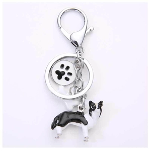 Creative border collie dog keychain with black paw print charm and silver metal ring